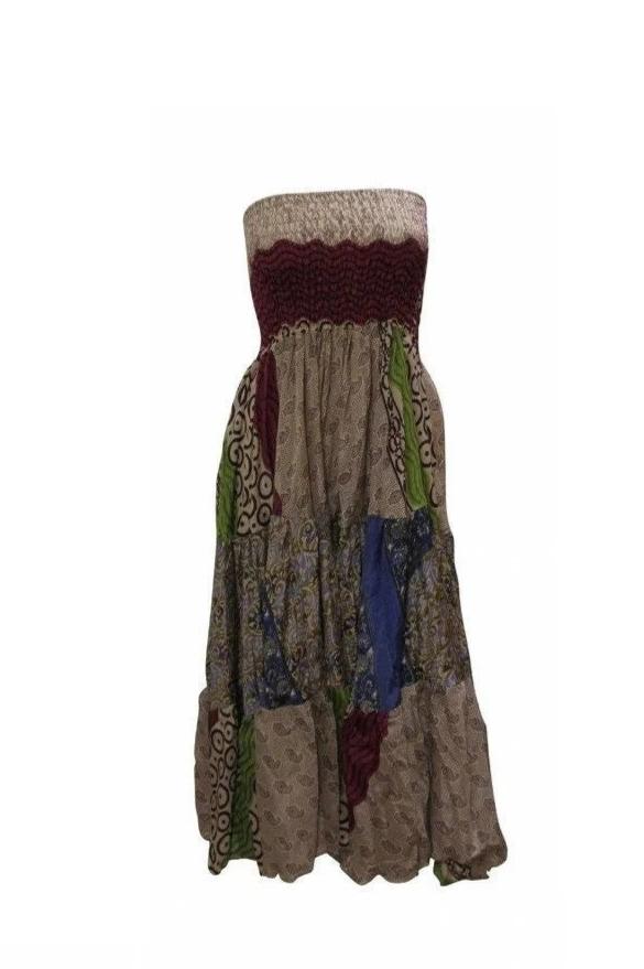 Upcycled 2in1 Skirt and Dress Retro Shirred Festival Boho Tiered Flowy Maxi Free Size Up To 20 P77