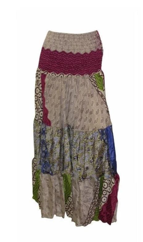 Upcycled 2in1 Skirt and Dress Retro Shirred Festival Boho Tiered Flowy Maxi Free Size Up To 20 P77