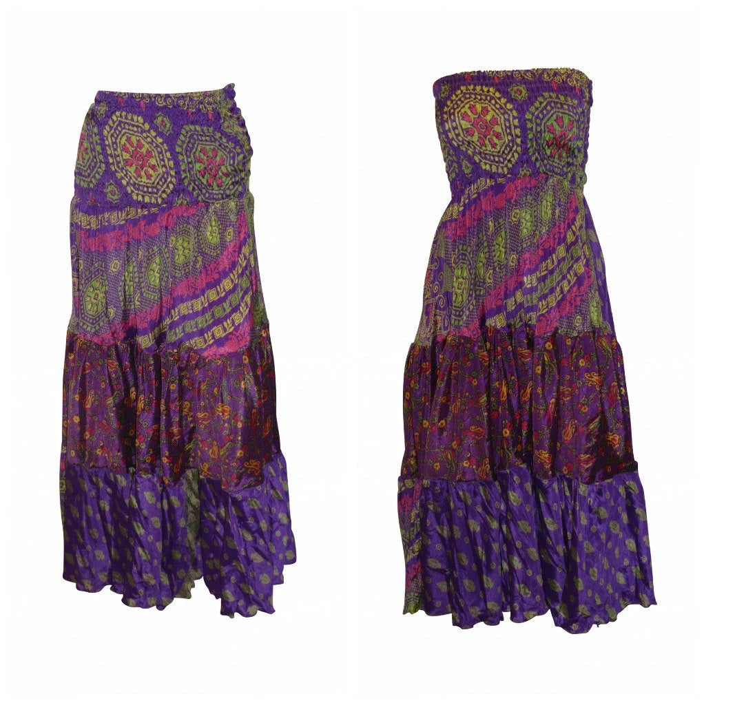 Upcycled 2in1 Skirt and Dress Retro Shirred Festival Boho Tiered Flowy Maxi Free Size Up To 20 P80