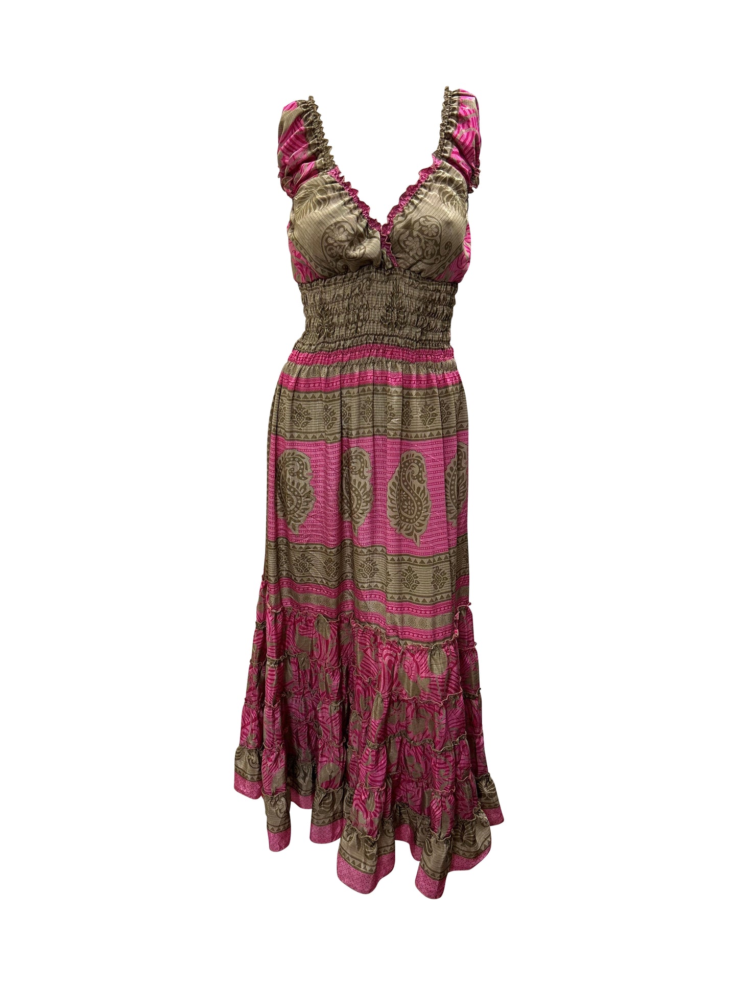 Recycled V Neck Retro Ruffle Hem Maxi Dress Free Size Up To 18 P107