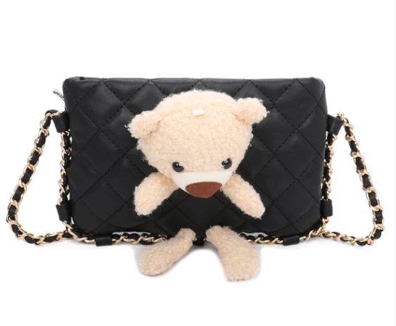 Teddy Bear Quilted Diamond Patterned Mini Cross body Bag Black
