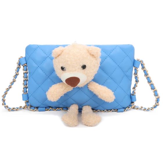 Teddy Bear Quilted Diamond Patterned Mini Cross body Bag Blue