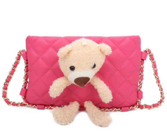 Teddy Bear Quilted Diamond Patterned Mini Cross body Bag Pink