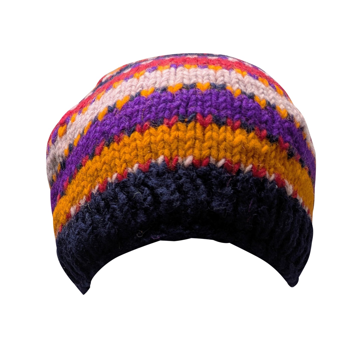 Hand Knit Wool Beanie: Striped Fleece Lined Winter Hat - P129