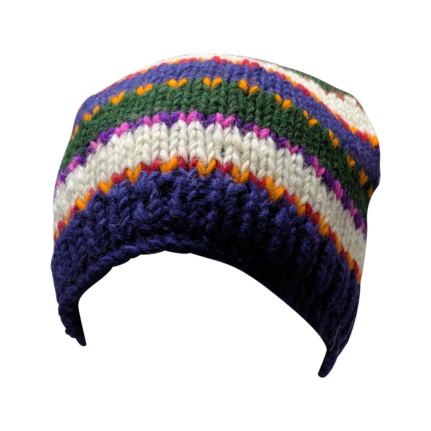 Hand Knit Wool Beanie: Striped Fleece Lined Winter Hat - P36