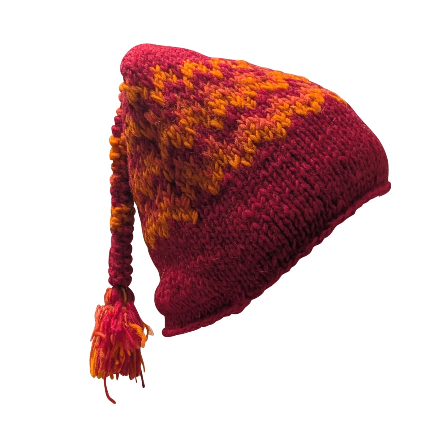 Handmade Wool Knit Beanie: Fleece Lined Winter Tassel Cap - RED