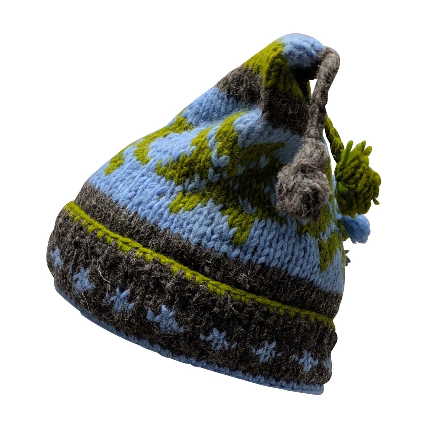 Recycled Hand Knit Jester Hat 100% Wool Boho Beanie Multi Tassel Warm Fleece Lined Winter Cap P03