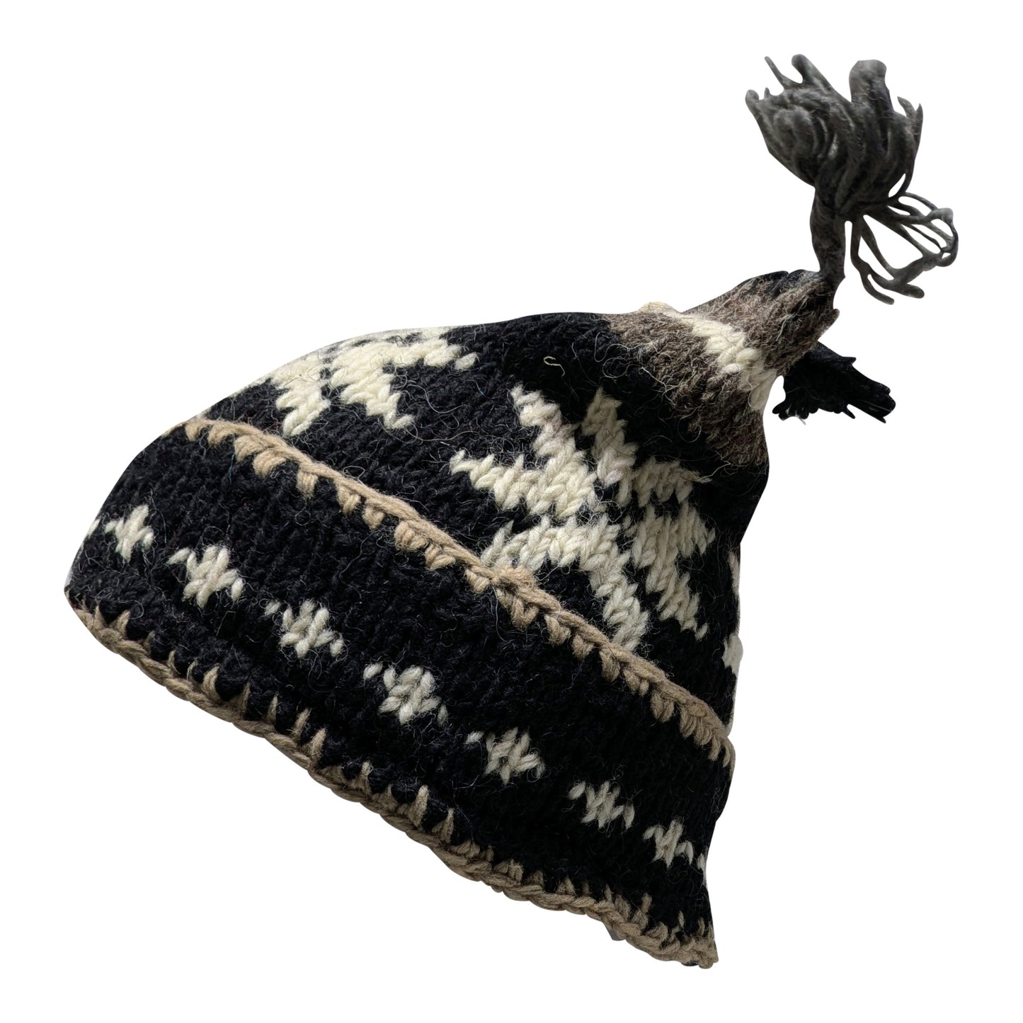 Recycled Hand Knit Jester Hat 100% Wool Boho Beanie Multi Tassel Warm Fleece Lined Winter Cap P09