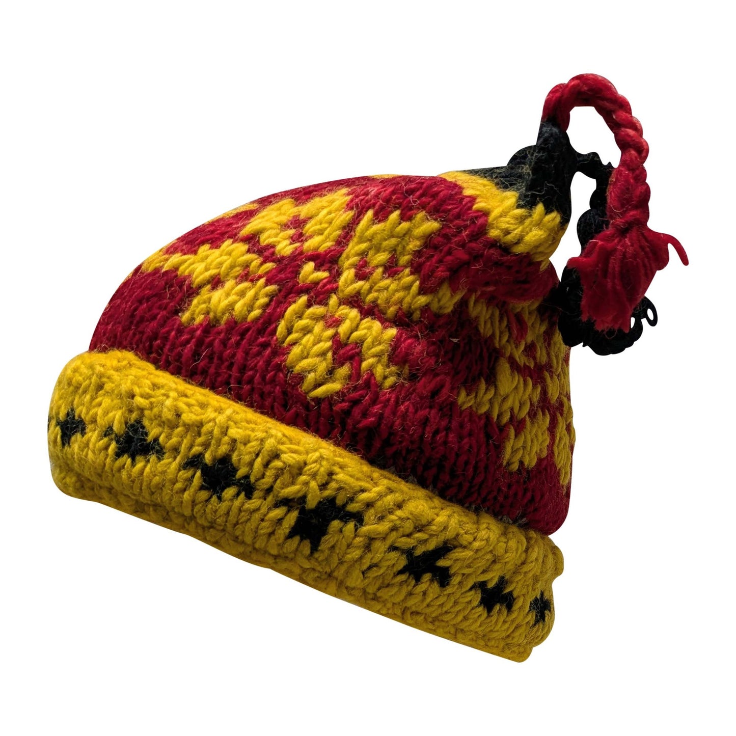 Recycled Hand Knit Jester Hat 100% Wool Boho Beanie Multi Tassel Warm Fleece Lined Winter Cap P116