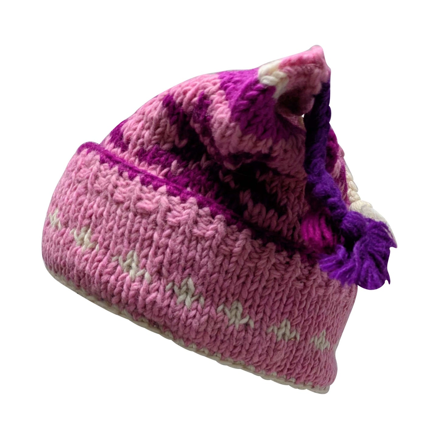 Recycled Hand Knit Jester Hat 100% Wool Boho Beanie Multi Tassel Warm Fleece Lined Winter Cap P120