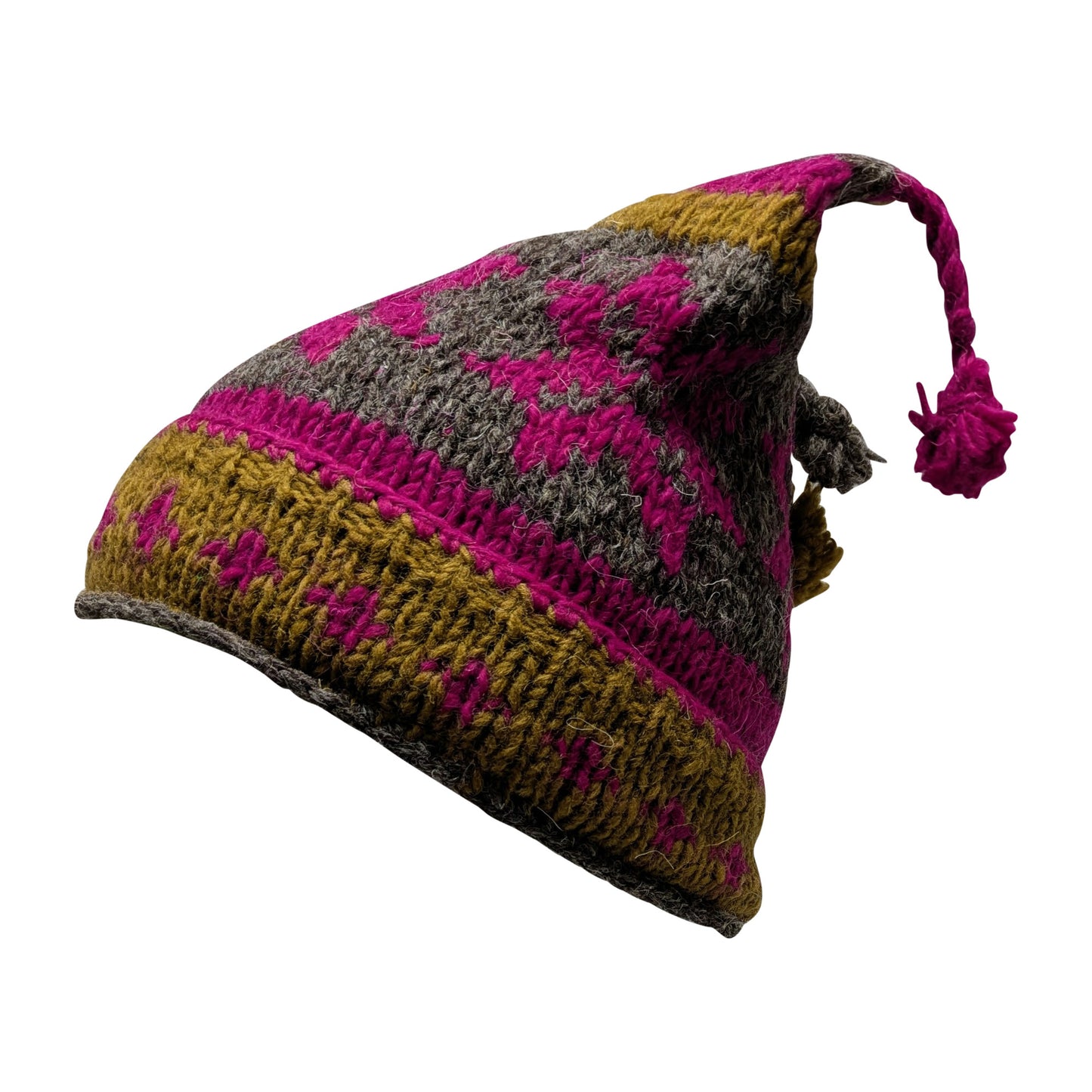 Recycled Hand Knit Jester Hat 100% Wool Boho Beanie Multi Tassel Warm Fleece Lined Winter Cap P307