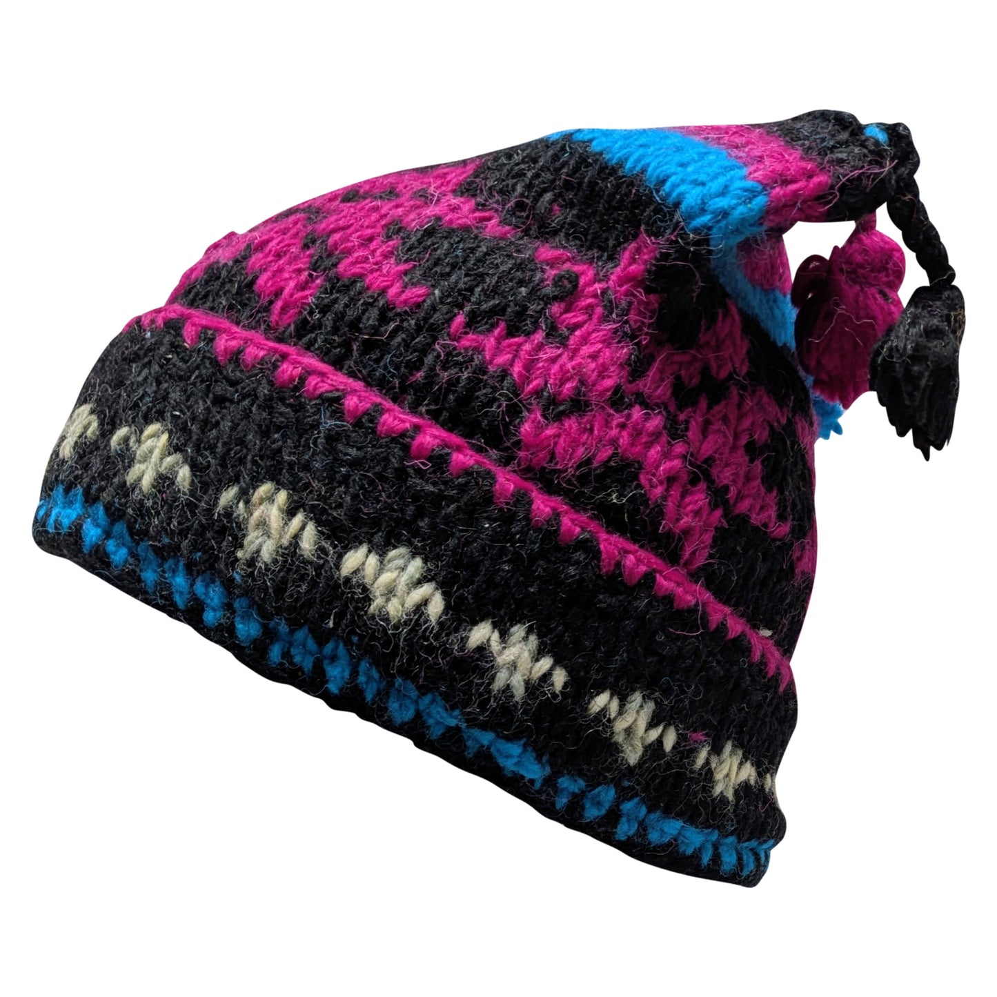 Recycled Hand Knit Jester Hat 100% Wool Boho Beanie Multi Tassel Warm Fleece Lined Winter Cap P309