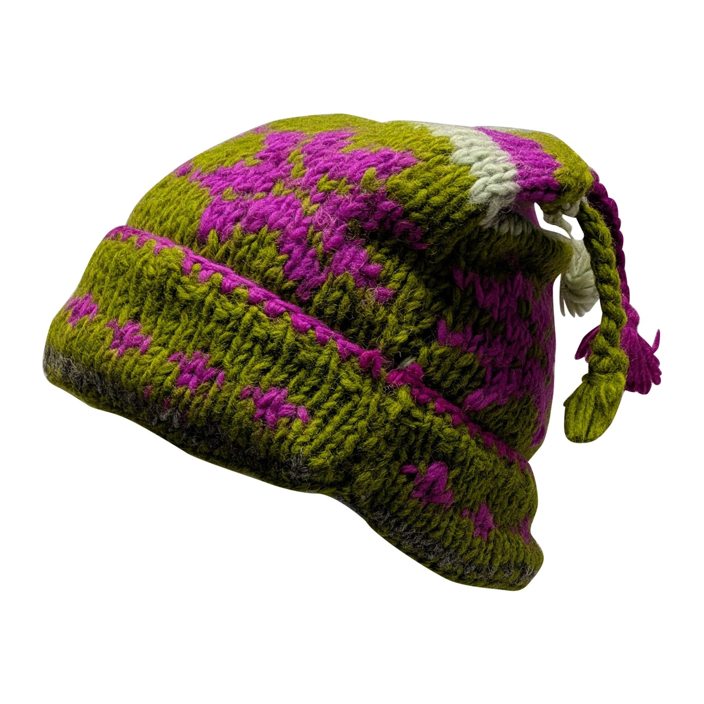 Recycled Hand Knit Jester Hat 100% Wool Boho Beanie Multi Tassel Warm Fleece Lined Winter Cap P310