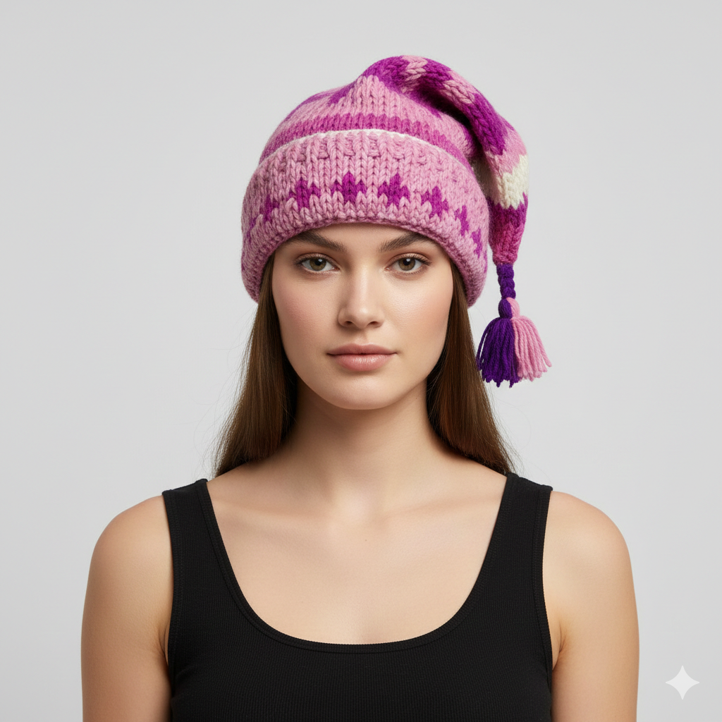 Recycled Hand Knit Jester Hat 100% Wool Boho Beanie Multi Tassel Warm Fleece Lined Winter Cap P313