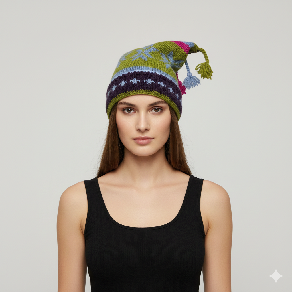 Recycled Hand Knit Jester Hat 100% Wool Boho Beanie Multi Tassel Warm Fleece Lined Winter Cap P314