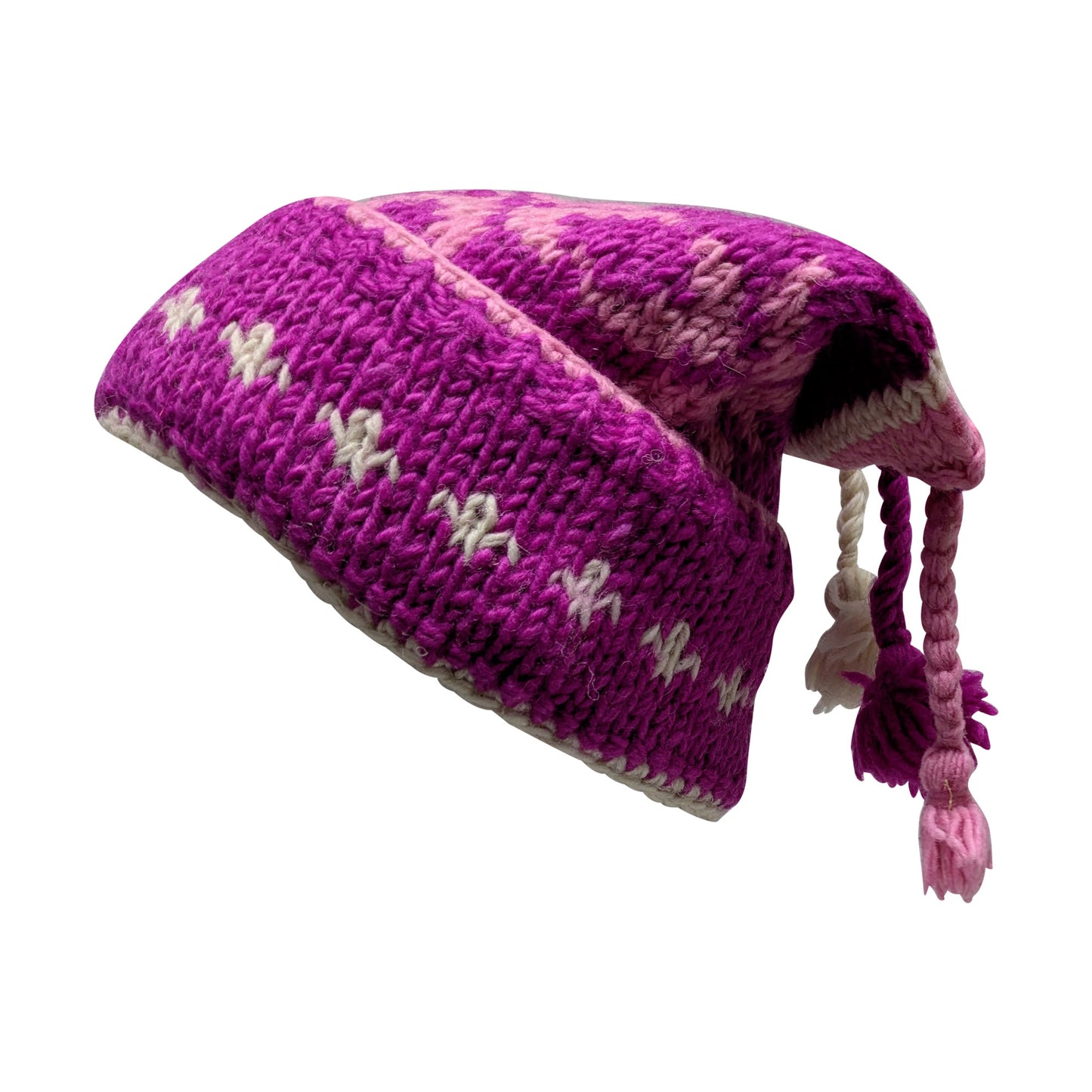 Recycled Hand Knit Jester Hat 100% Wool Boho Beanie Multi Tassel Warm Fleece Lined Winter Cap P317