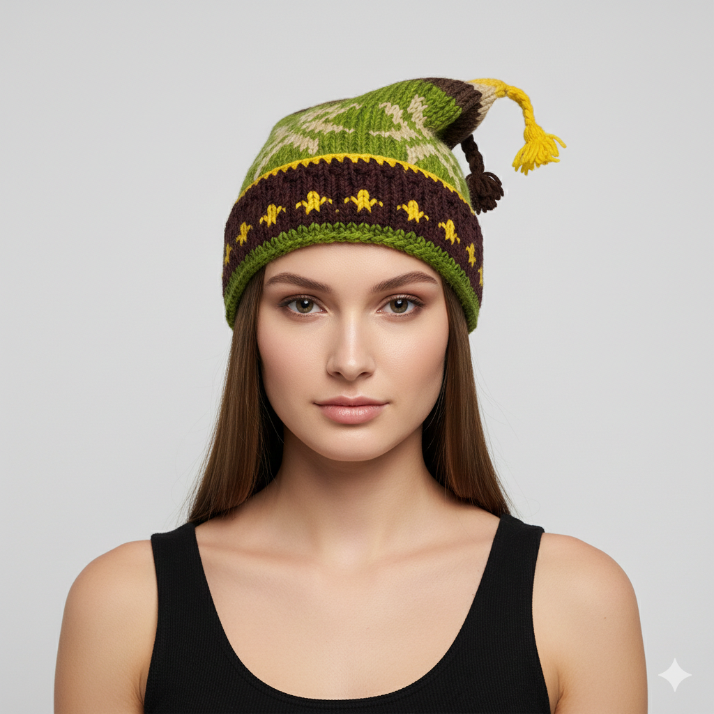 Recycled Hand Knit Jester Hat 100% Wool Boho Beanie Multi Tassel Warm Fleece Lined Winter Cap P318