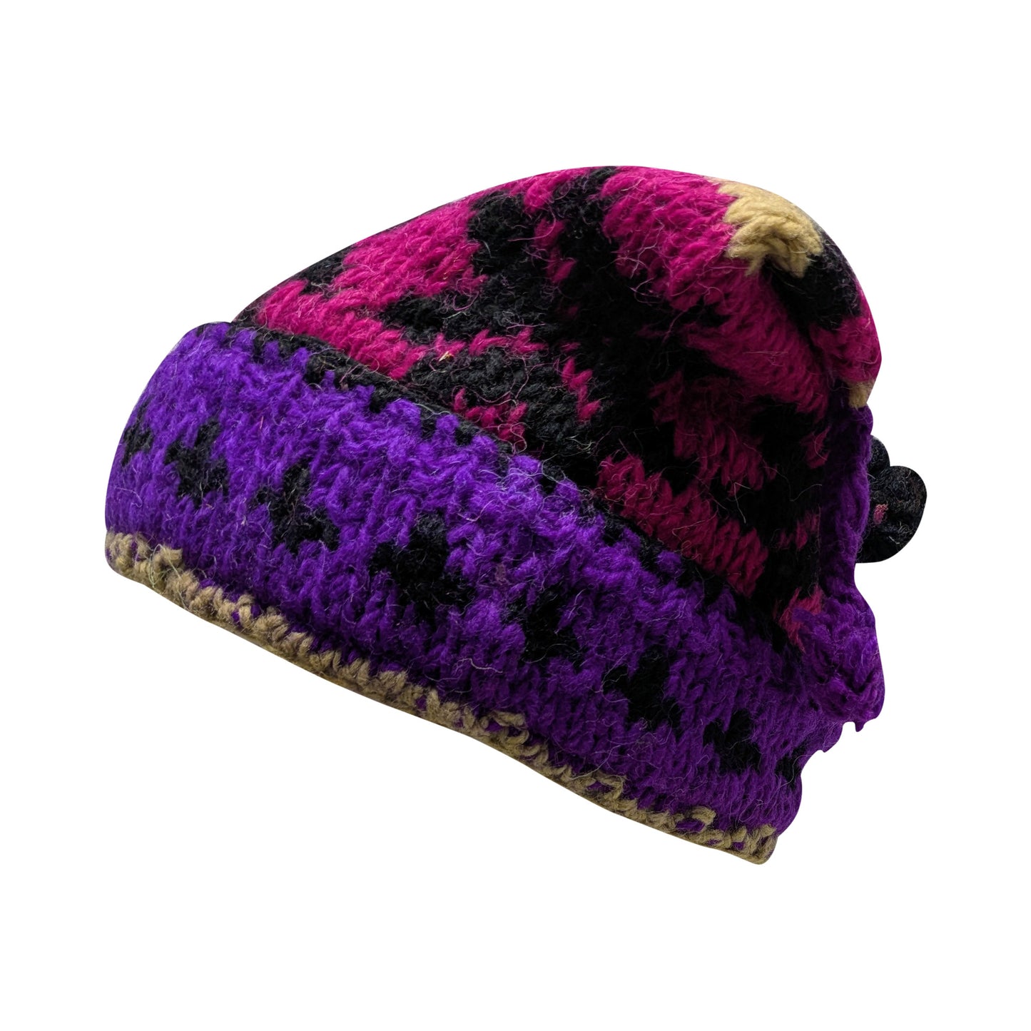 Recycled Hand Knit Jester Hat 100% Wool Boho Beanie Multi Tassel Warm Fleece Lined Winter Cap P319