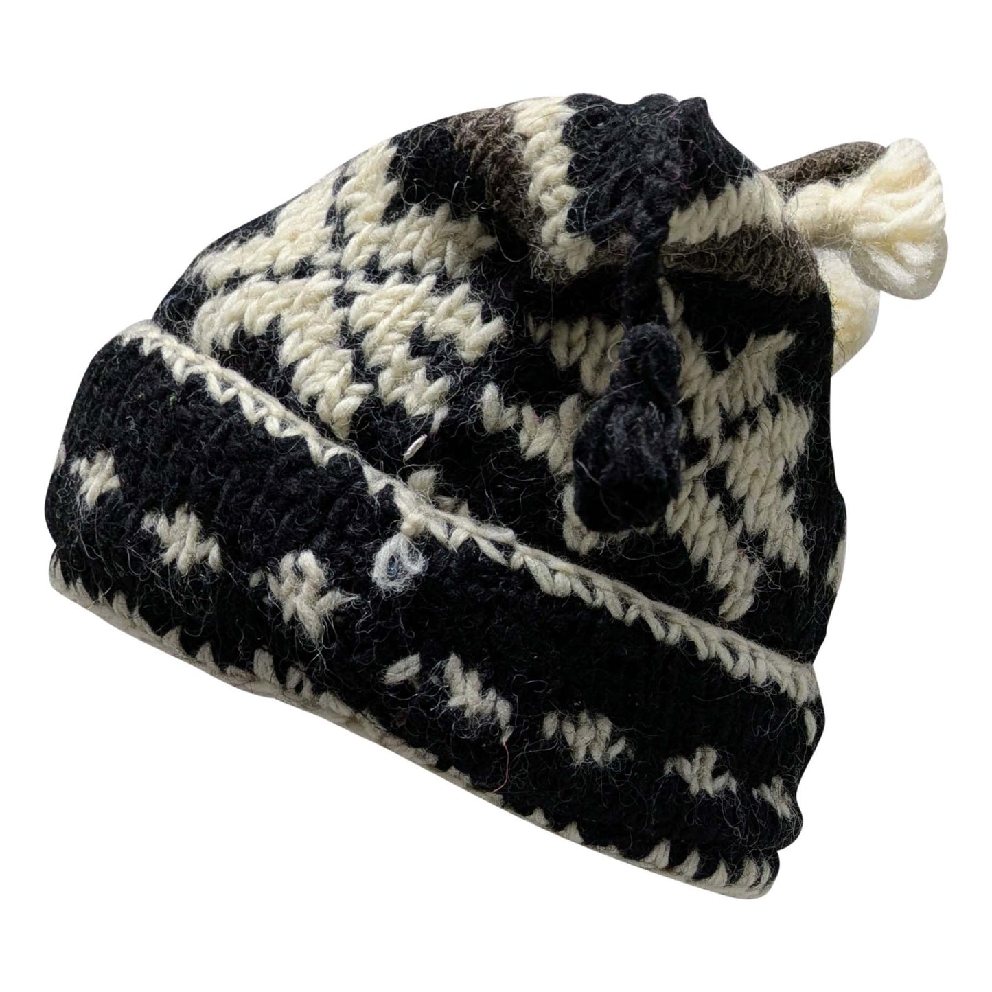 Recycled Hand Knit Jester Hat 100% Wool Boho Beanie Multi Tassel Warm Fleece Lined Winter Cap P372