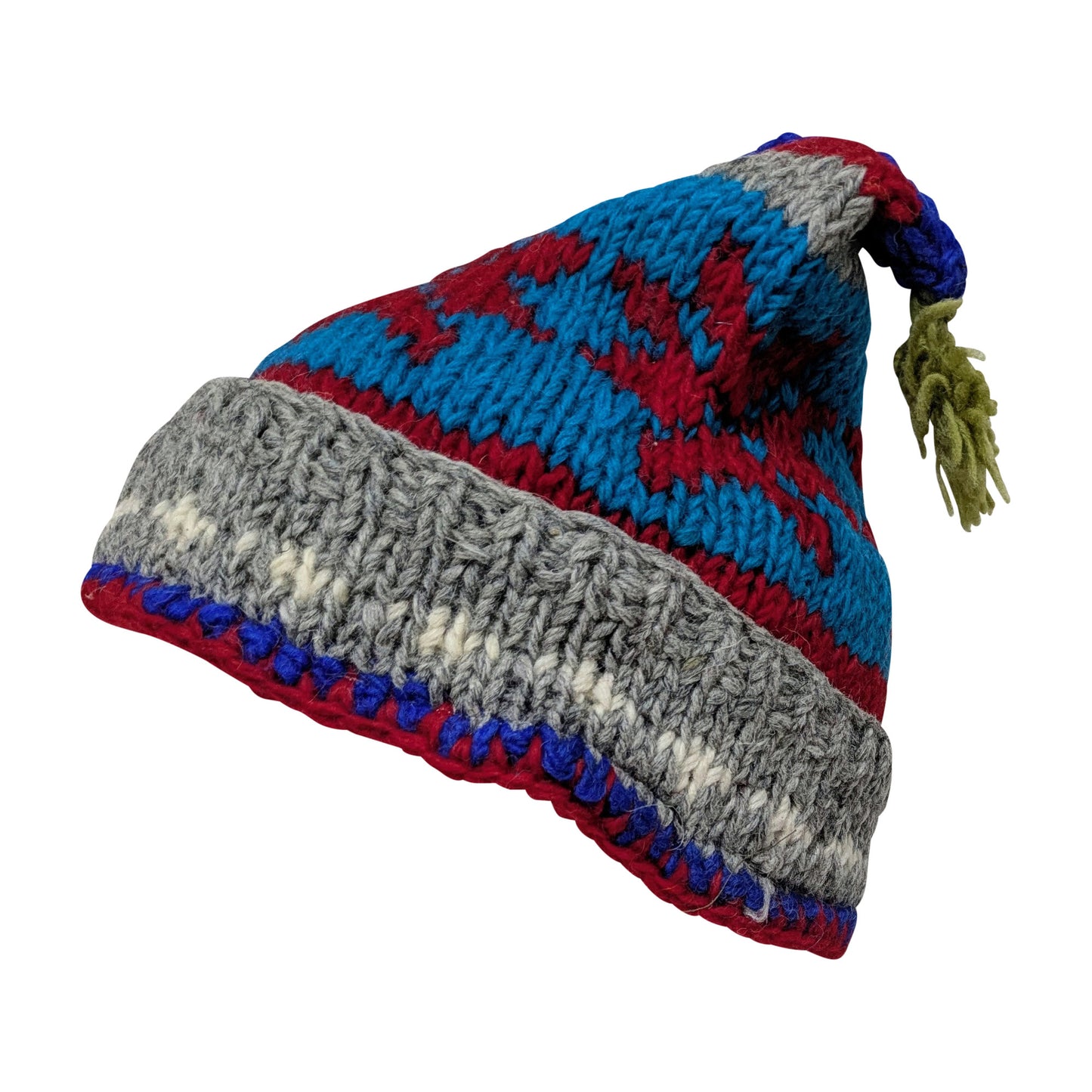 Recycled Hand Knit Jester Hat 100% Wool Boho Beanie Multi Tassel Warm Fleece Lined Winter Cap P454
