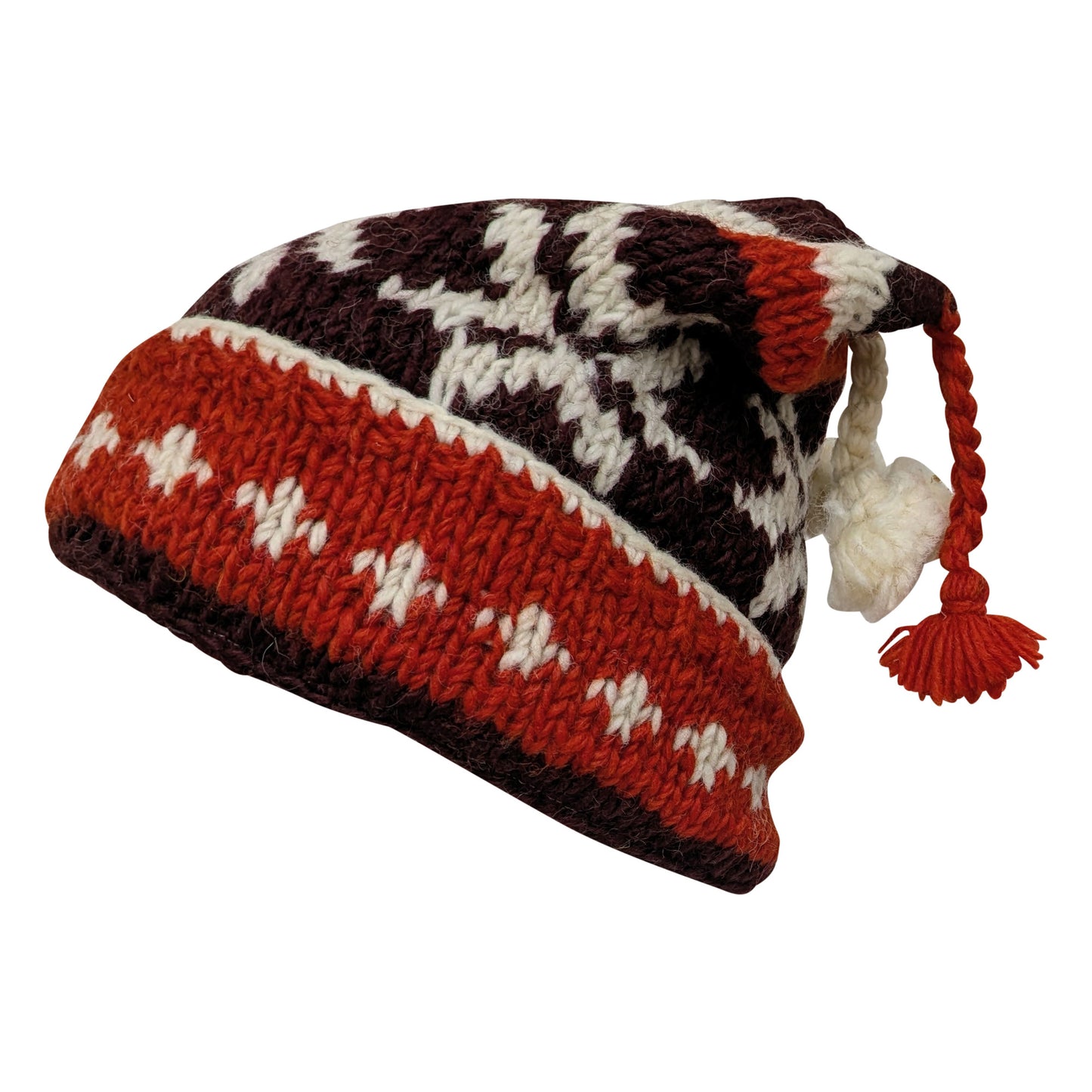 Recycled Hand Knit Jester Hat 100% Wool Boho Beanie Multi Tassel Warm Fleece Lined Winter Cap P461