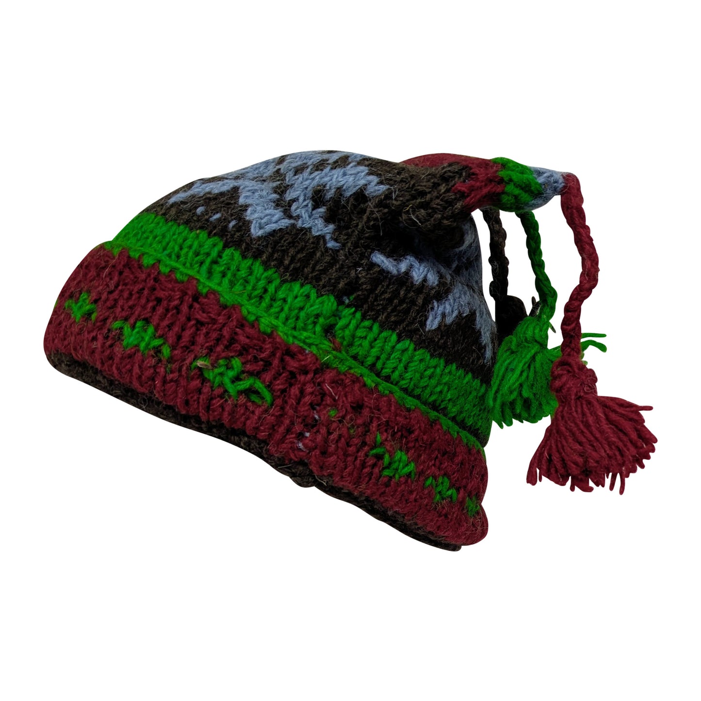 Recycled Hand Knit Jester Hat 100% Wool Boho Beanie Multi Tassel Warm Fleece Lined Winter Cap P469