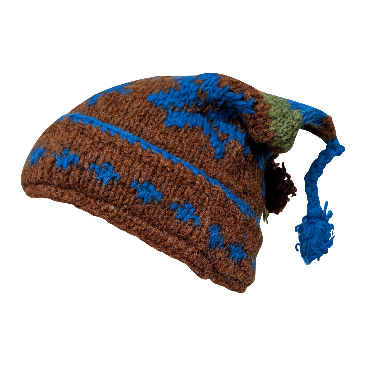 Recycled Hand Knit Jester Hat 100% Wool Boho Beanie Multi Tassel Warm Fleece Lined Winter Cap P486