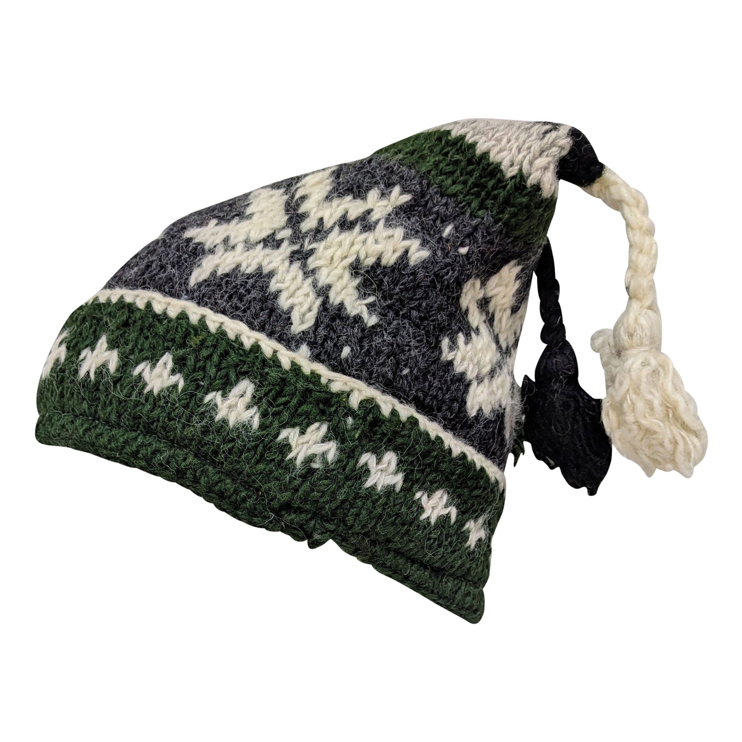 Recycled Hand Knit Jester Hat 100% Wool Boho Beanie Multi Tassel Warm Fleece Lined Winter Cap P487