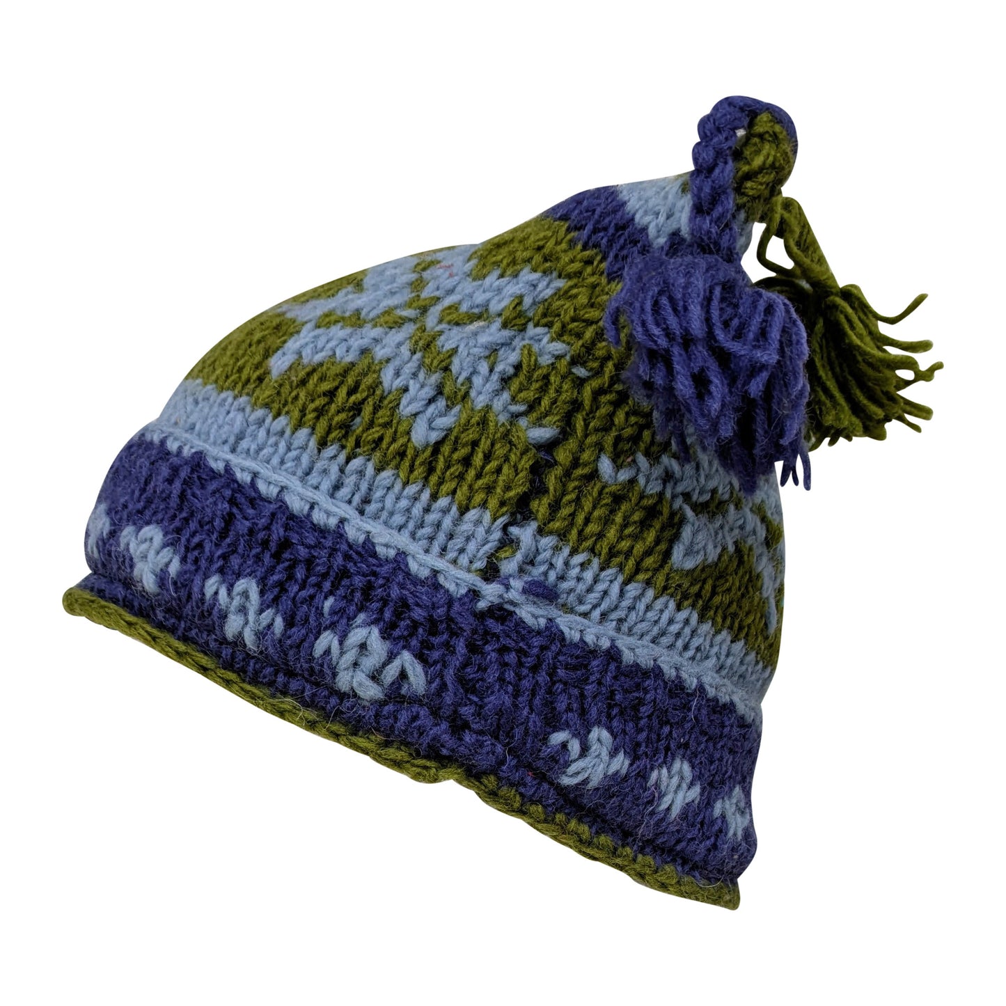 Recycled Hand Knit Jester Hat 100% Wool Boho Beanie Multi Tassel Warm Fleece Lined Winter Cap P487(1)