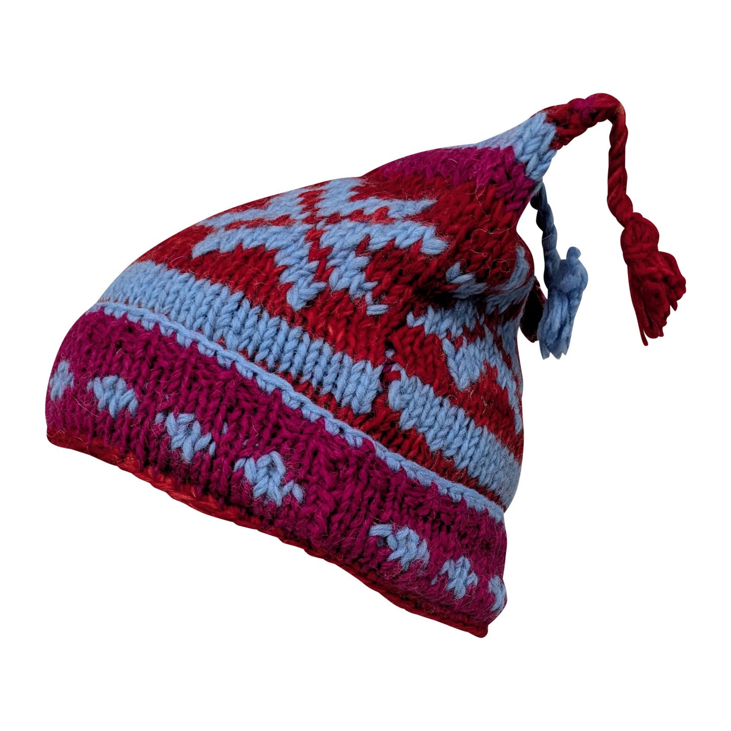 Recycled Hand Knit Jester Hat 100% Wool Boho Beanie Multi Tassel Warm Fleece Lined Winter Cap P488