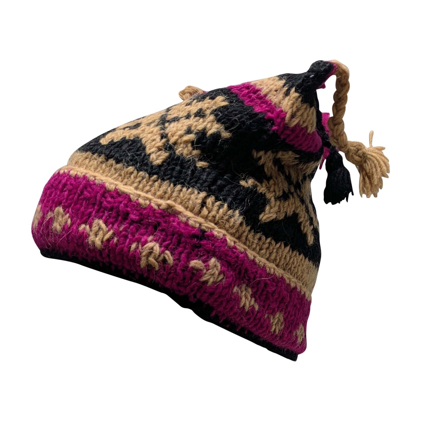Recycled Hand Knit Jester Hat 100% Wool Boho Beanie Multi Tassel Warm Fleece Lined Winter Cap P494