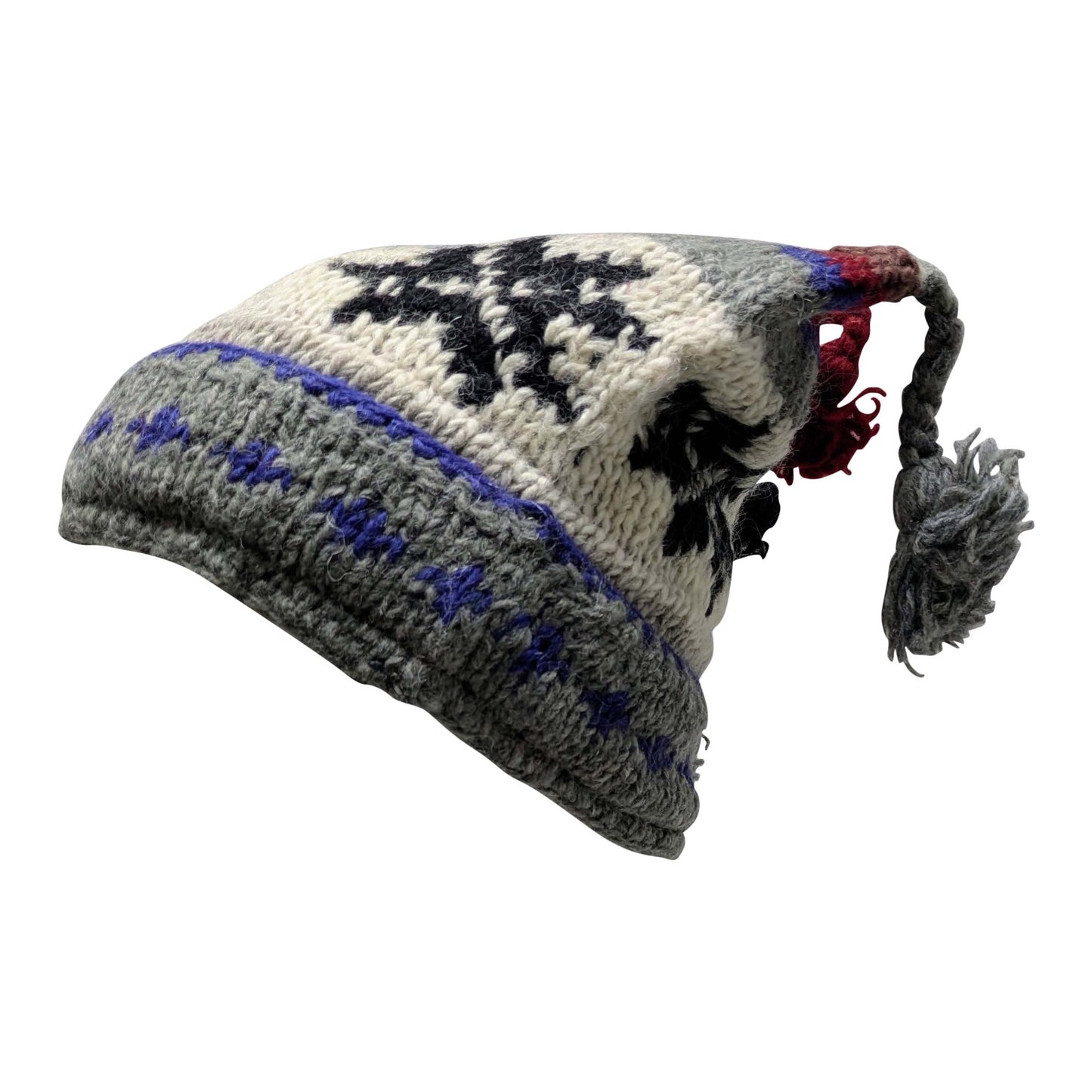 Recycled Hand Knit Jester Hat 100% Wool Boho Beanie Multi Tassel Warm Fleece Lined Winter Cap P495