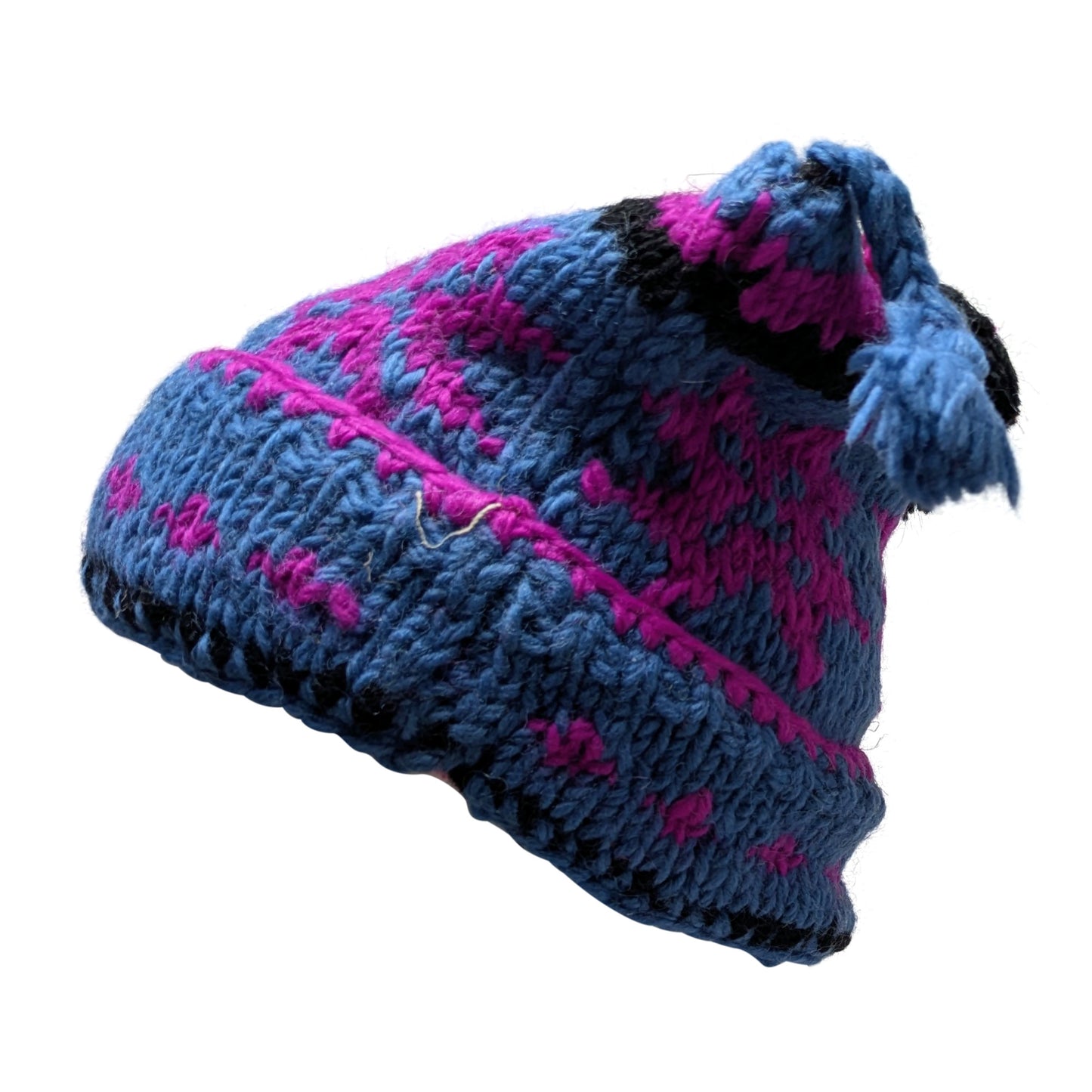 Recycled Hand Knit Jester Hat 100% Wool Boho Beanie Multi Tassel Warm Fleece Lined Winter Cap P496