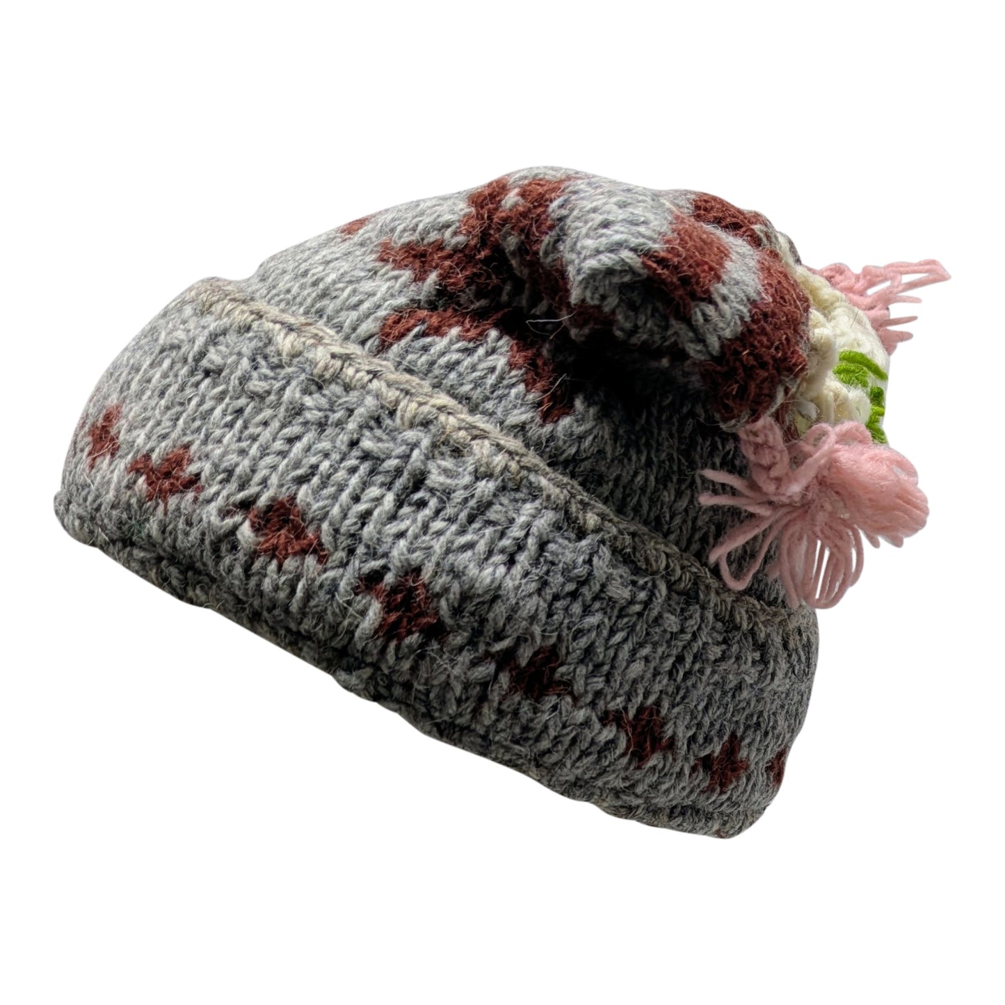 Recycled Hand Knit Jester Hat 100% Wool Boho Beanie Multi Tassel Warm Fleece Lined Winter Cap P498