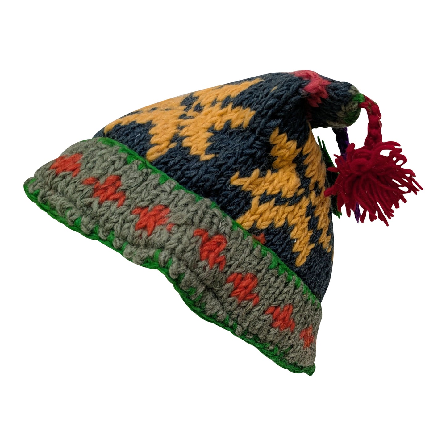 Recycled Hand Knit Jester Hat 100% Wool Boho Beanie Multi Tassel Warm Fleece Lined Winter Cap P500