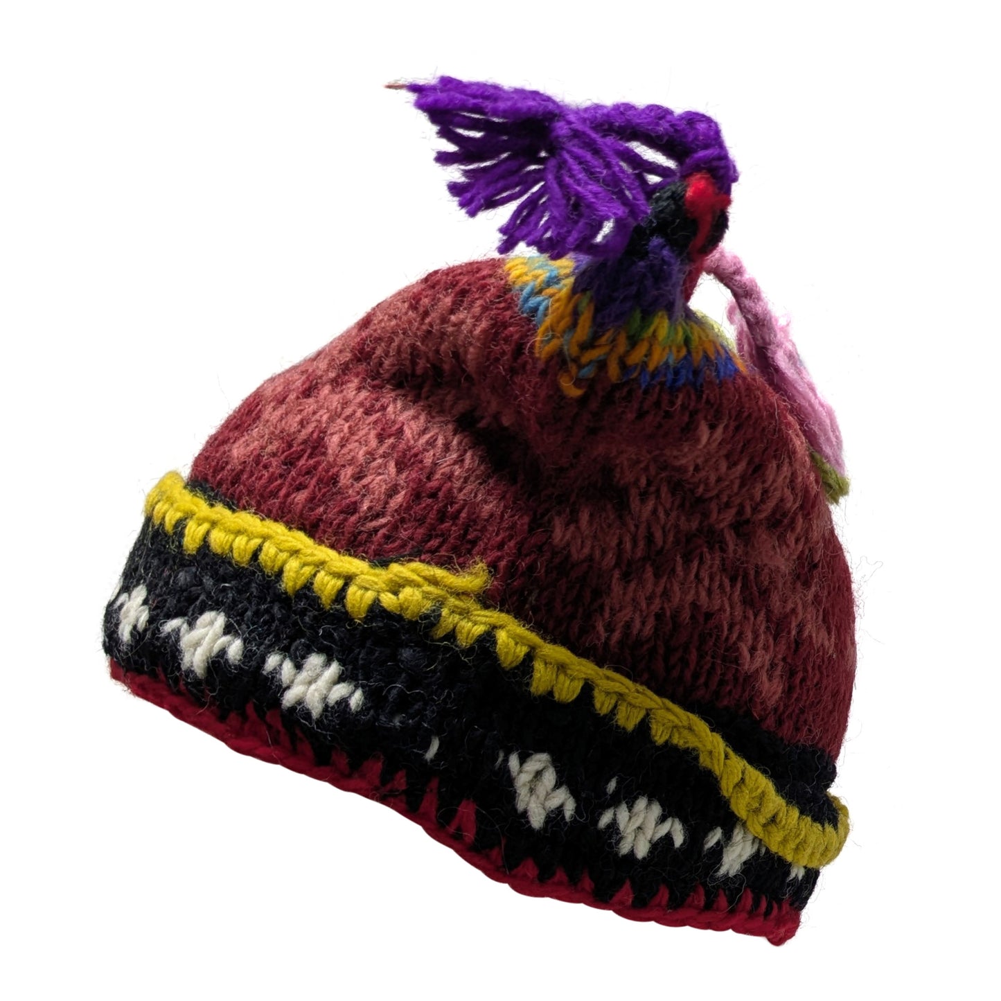 Recycled Hand Knit Jester Hat 100% Wool Boho Beanie Multi Tassel Warm Fleece Lined Winter Cap P506