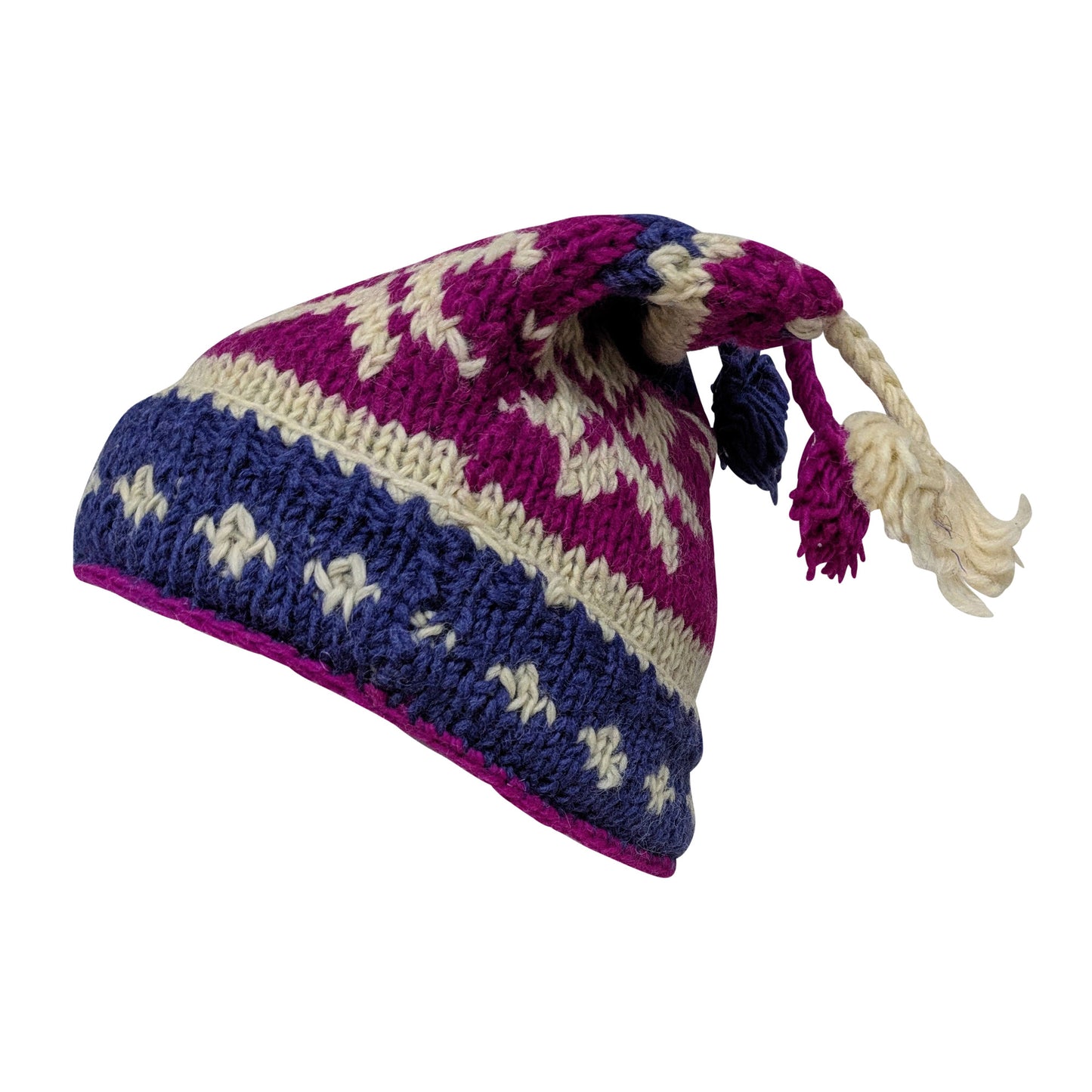 Recycled Hand Knit Jester Hat 100% Wool Boho Beanie Multi Tassel Warm Fleece Lined Winter Cap P507