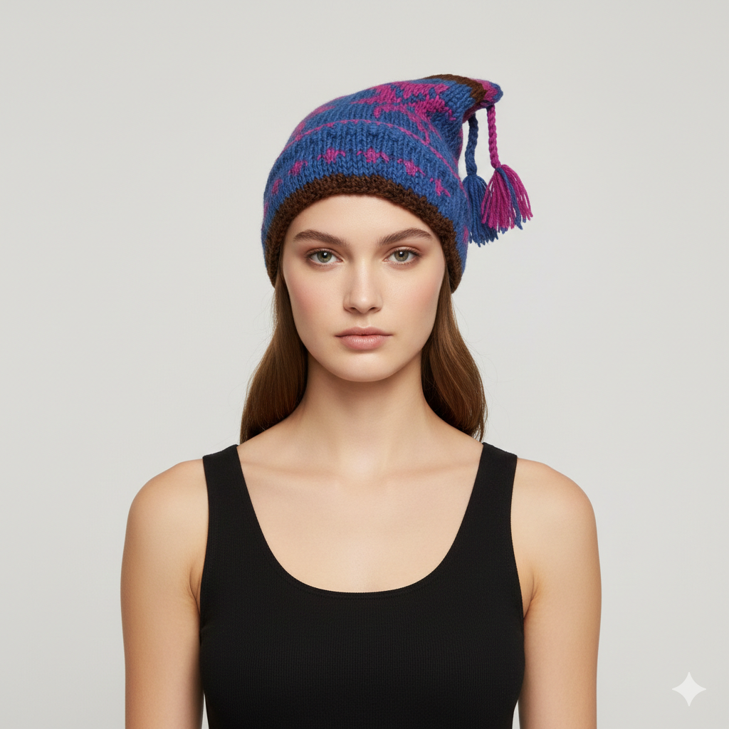 Recycled Hand Knit Jester Hat 100% Wool Boho Beanie Multi Tassel Warm Fleece Lined Winter Cap P51