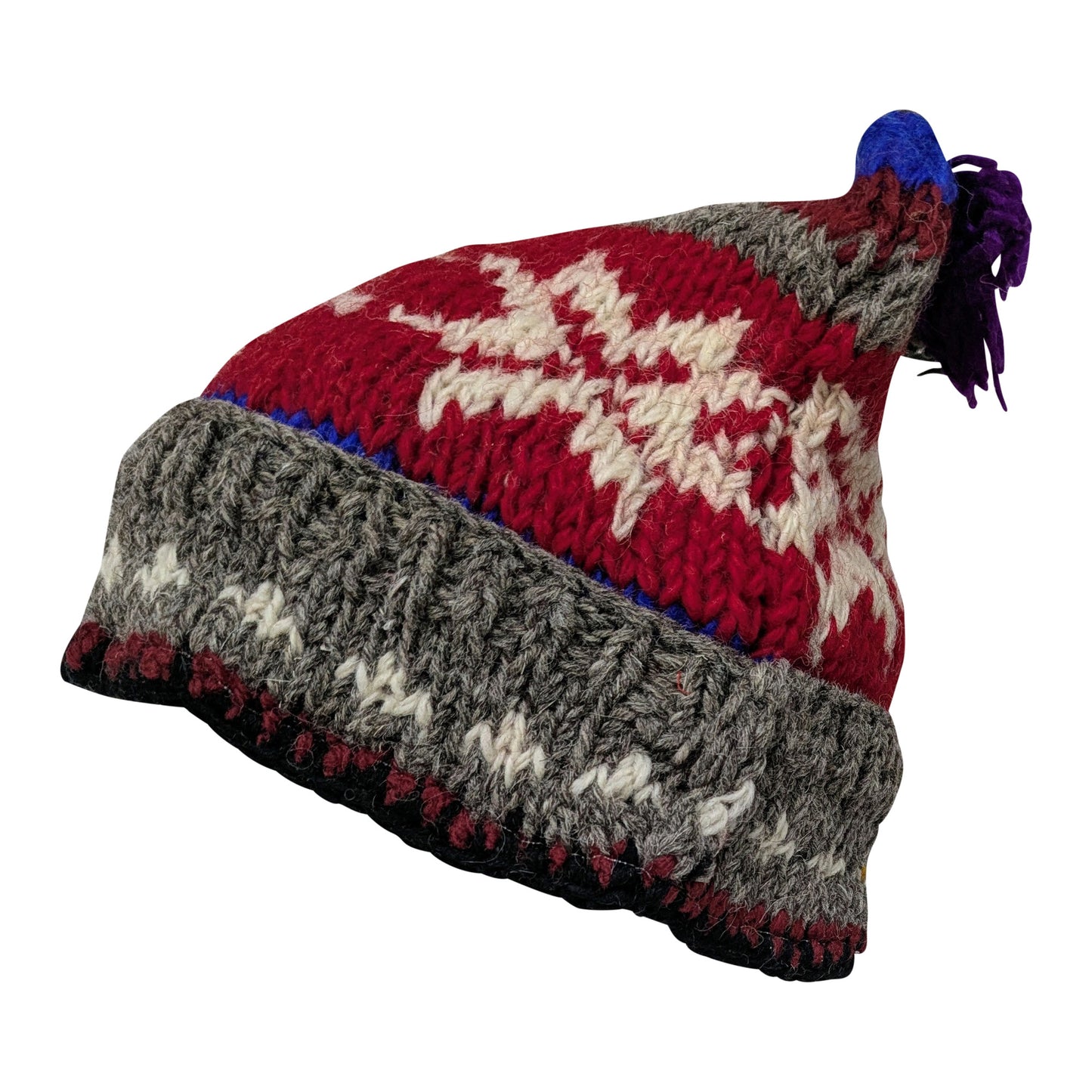 Recycled Hand Knit Jester Hat 100% Wool Boho Beanie Multi Tassel Warm Fleece Lined Winter Cap P511