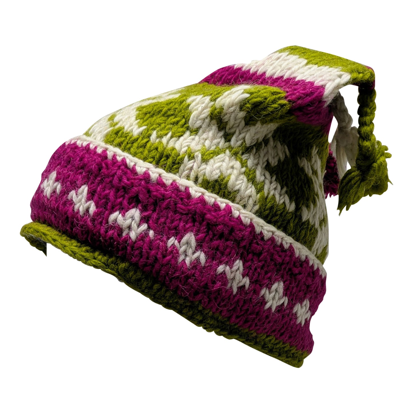 Recycled Hand Knit Jester Hat 100% Wool Boho Beanie Multi Tassel Warm Fleece Lined Winter Cap P52