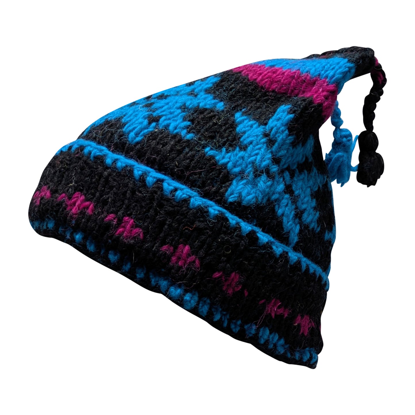 Recycled Hand Knit Jester Hat 100% Wool Boho Beanie Multi Tassel Warm Fleece Lined Winter Cap P53