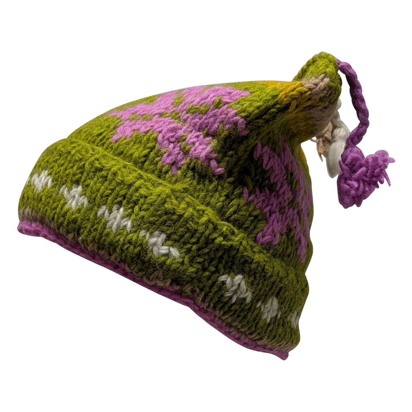 Recycled Hand Knit Jester Hat 100% Wool Boho Beanie Multi Tassel Warm Fleece Lined Winter Cap P54