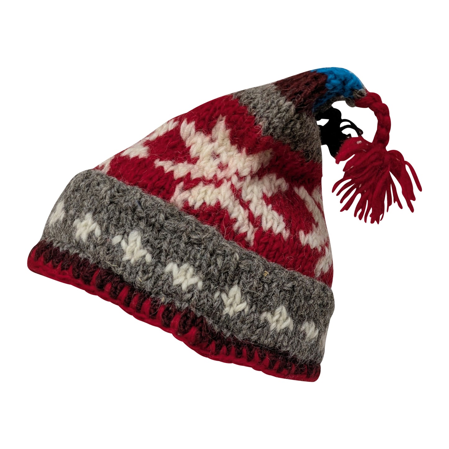 Recycled Hand Knit Jester Hat 100% Wool Boho Beanie Multi Tassel Warm Fleece Lined Winter Cap P541