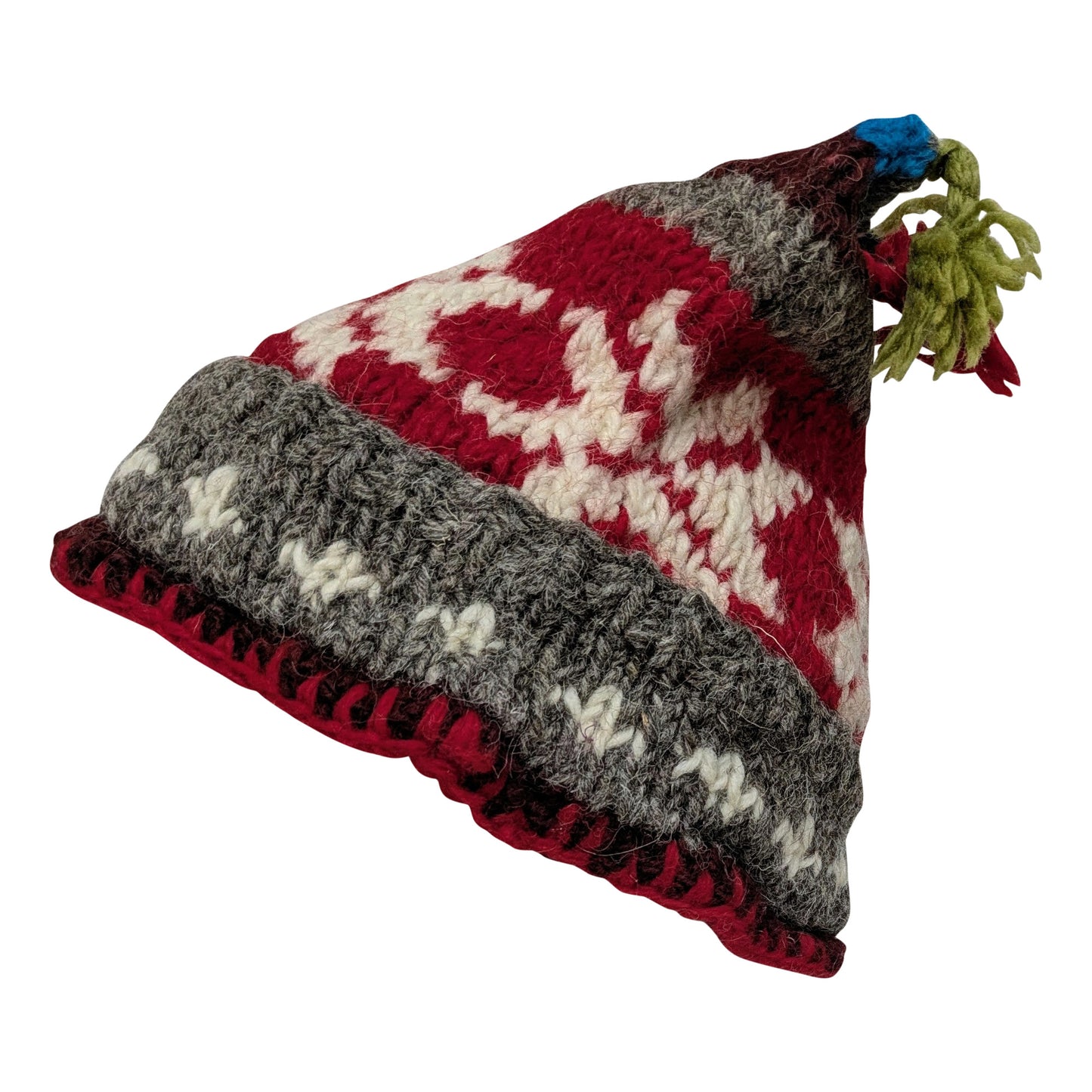 Recycled Hand Knit Jester Hat 100% Wool Boho Beanie Multi Tassel Warm Fleece Lined Winter Cap P542