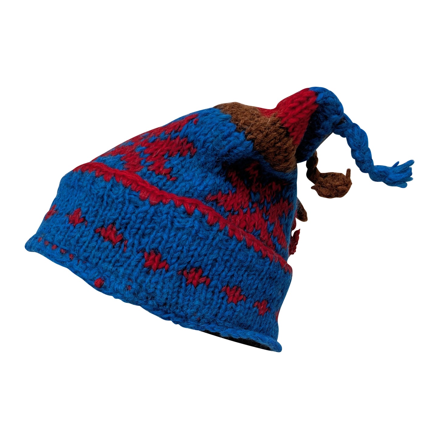 Recycled Hand Knit Jester Hat 100% Wool Boho Beanie Multi Tassel Warm Fleece Lined Winter Cap P543