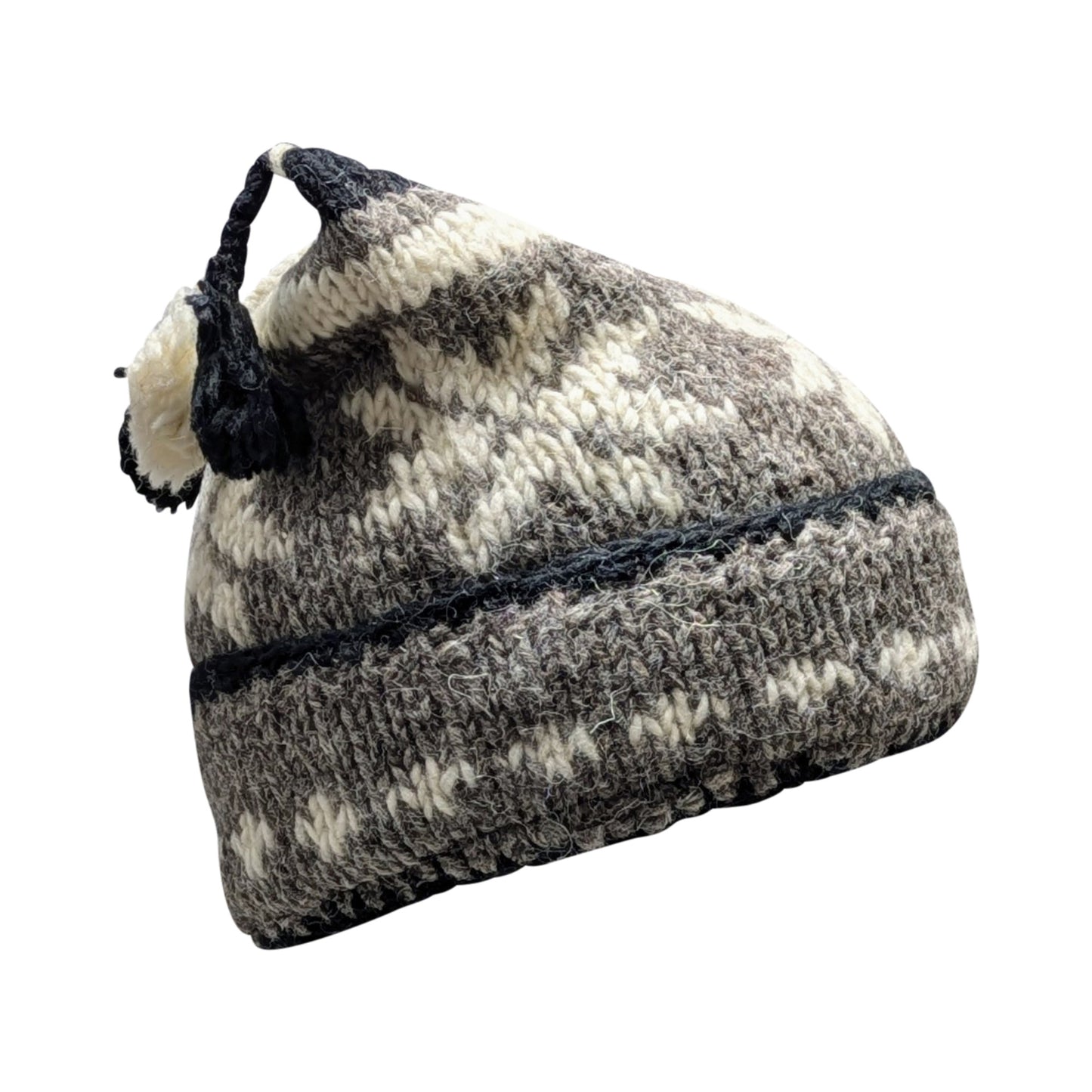 Recycled Hand Knit Jester Hat 100% Wool Boho Beanie Multi Tassel Warm Fleece Lined Winter Cap P548