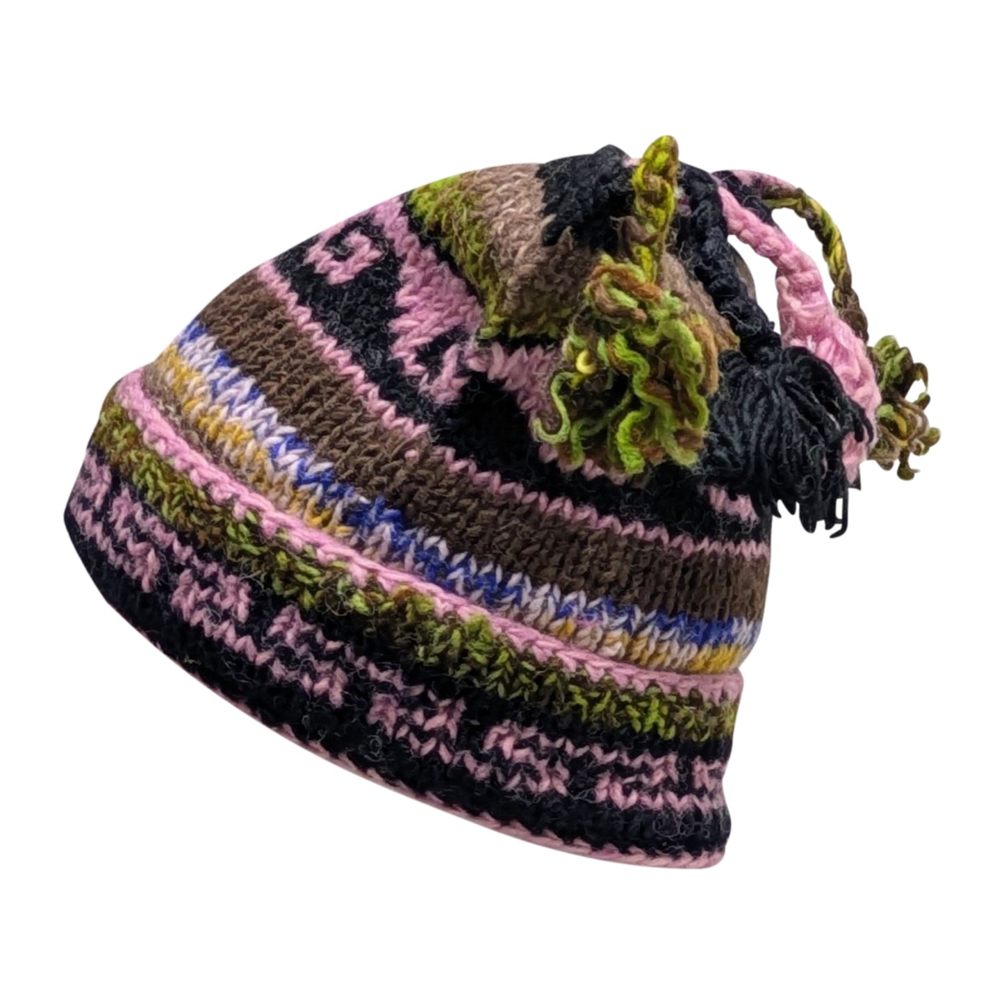 Recycled Hand Knit Jester Hat 100% Wool Boho Beanie Multi Tassel Warm Fleece Lined Winter Cap P556
