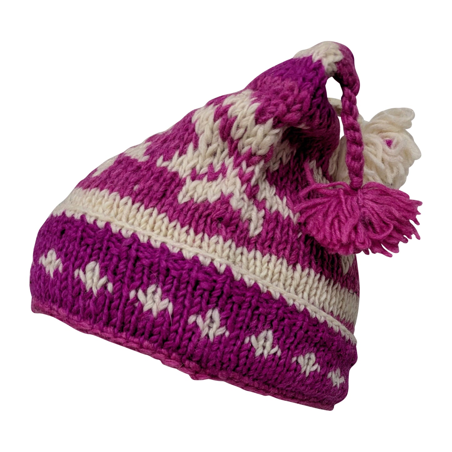 Recycled Hand Knit Jester Hat 100% Wool Boho Beanie Multi Tassel Warm Fleece Lined Winter Cap P557