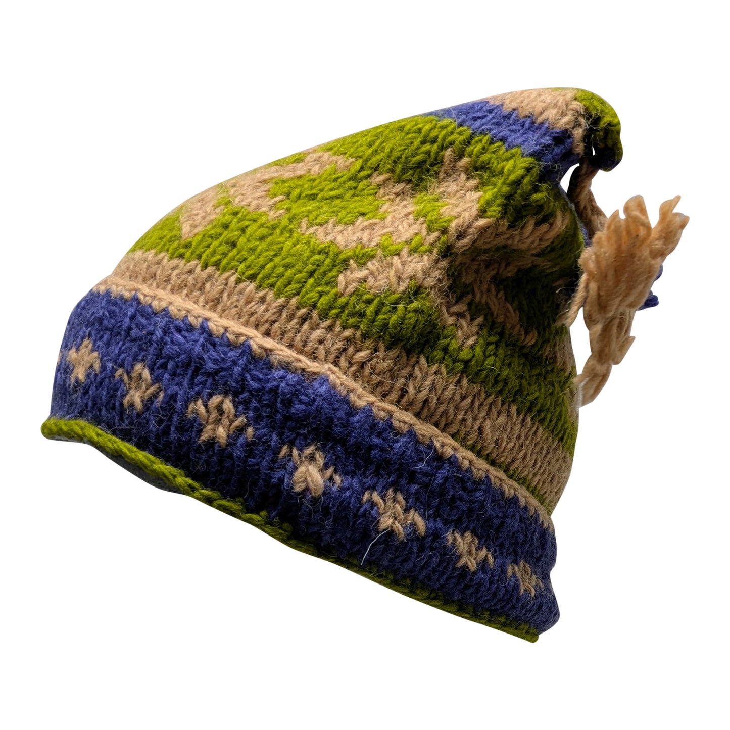 Recycled Hand Knit Jester Hat 100% Wool Boho Beanie Multi Tassel Warm Fleece Lined Winter Cap P56