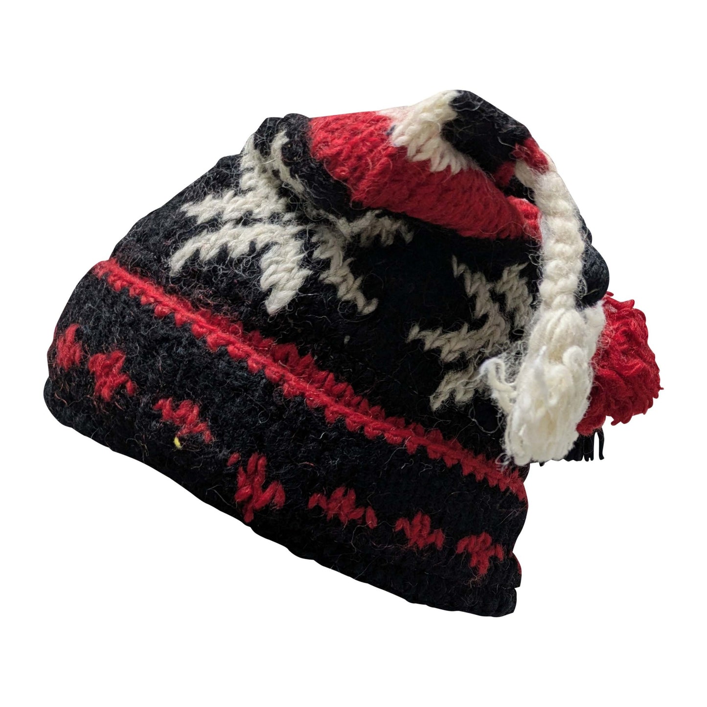 Recycled Hand Knit Jester Hat 100% Wool Boho Beanie Multi Tassel Warm Fleece Lined Winter Cap P88